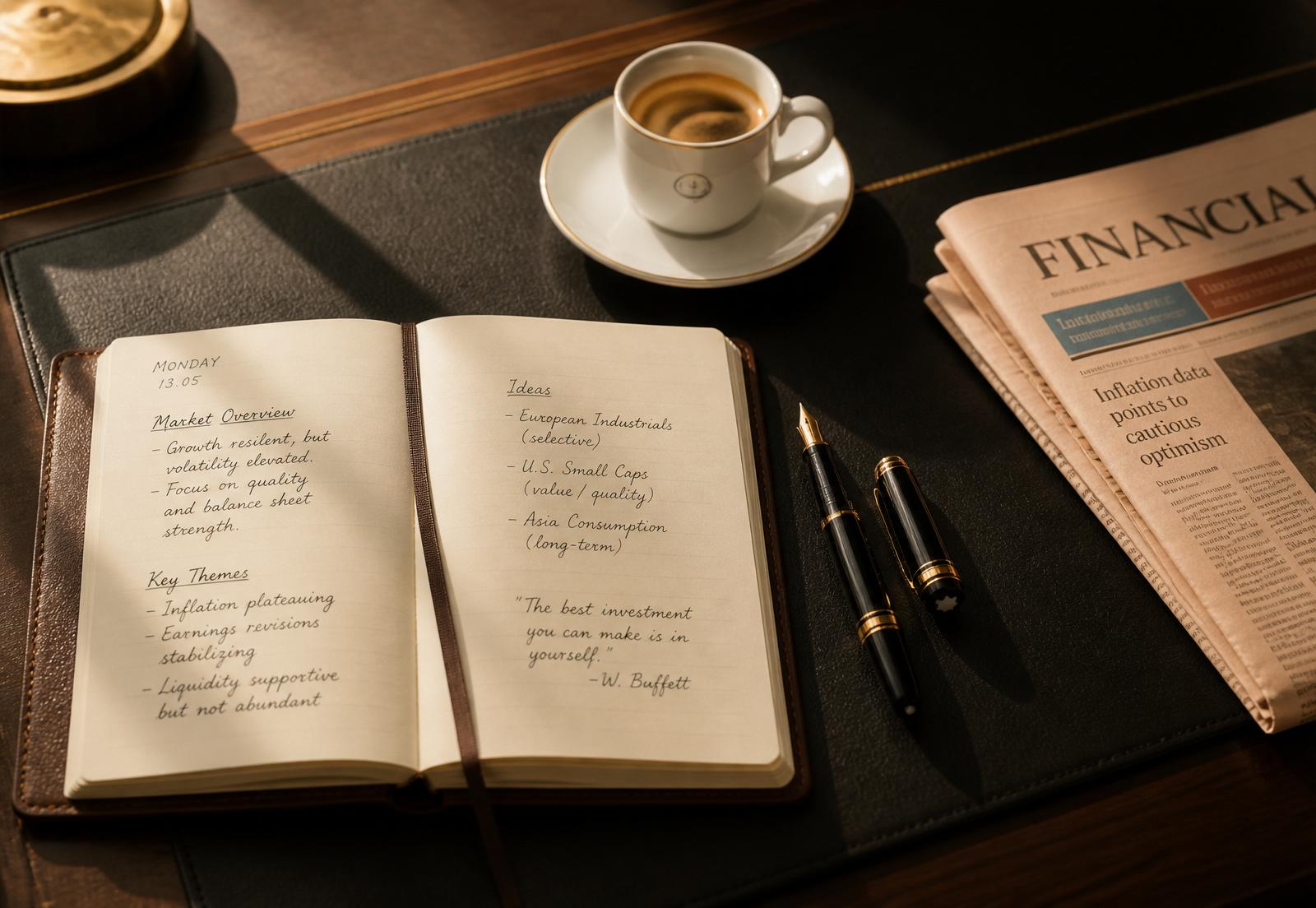 Leather notebook, fountain pen, espresso and the Financial Times